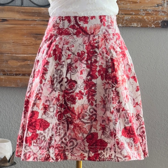Gap Ivory Red Pink Abstract Floral Full Cotton Side Zip Skirt with Pockets -Sz 0 - Picture 13 of 14